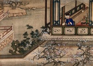 view A Chinese lady in a blue dress, seated, right, looks out of a window at a water-garden, left; trees in blossom in the foreground. Gouache.