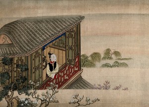 view A Chinese lady standing and looking from an open window towards trees in a misty landscape; forgeound, fruit-trees in blossom. Gouache.