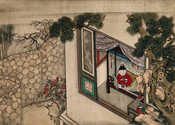 A Chinese lady in a red dress resting on a couch before an open window; left, a walled garden. Gouache.