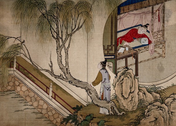 A Chinese lady looking at herself in a mirror (right); outside, a water-garden (left). Gouache.