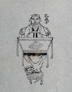 view Confucius: a musical instrument (?) is lying on a small table in front of him; a small dog in foreground. Woodcut, 1850/1900 (?).