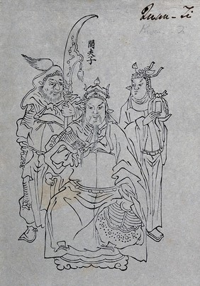 Kuan Ti, the Chinese god of war, with two attendants. Woodcut, 1850/1900 (?).