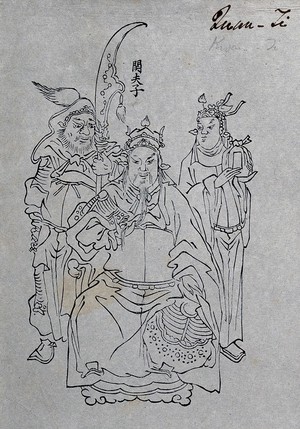 view Kuan Ti, the Chinese god of war, with two attendants. Woodcut, 1850/1900 (?).