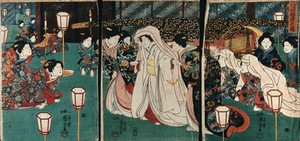 view A bride emerging from a sedan chair assisted by two women, set in a palatial residence. Colour woodcut by Kuniyoshi, 1847/1850.