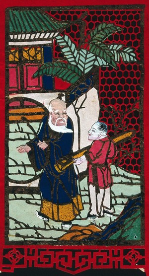 view An old man, possibly Chang Kuo-lao, one of the eight immortals of Taoism, accompanied by a man holding a bamboo tube drum (?). Paper cutout, ca. 1780 (?).