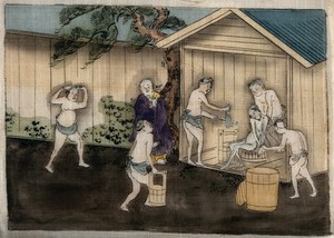 view Men washing the body of a recently deceased man in a Japanese bath-house. Watercolour painting, 18--.