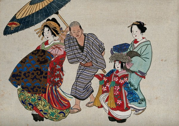 A finely dressed woman is followed by a man holding a parasol, a child and a maid (?). Colour woodcut, 18--.