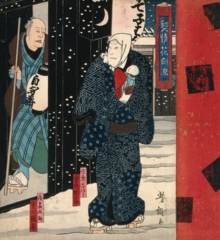 Actors representing a figure in snow with an infant. Colour woodcut by Yoshitaki, early 1860s.