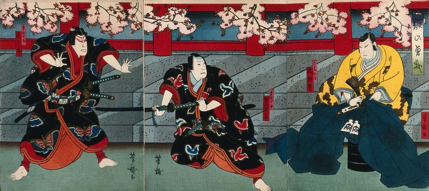 Actors in confrontation. Colour woodcut by Yoshitaki, early 1860s.