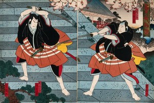 view Actors in confrontation on steps. Colour woodcut by Yoshitaki, early 1860s.