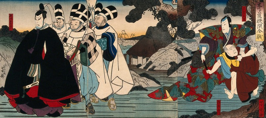 Actors in procession and a fight. Colour woodcut by Yoshitaki, early 1860s.