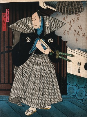 view An actor representing an official by a wasps' nest. Colour woodcut by Kunikazu, early 1860s.