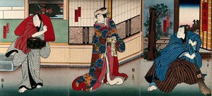 view Actors in a garden outside a house. Colour woodcut by Kunikazu, early 1860s.
