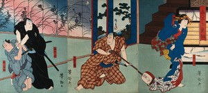 view Actors in a confrontation in a brothel. Colour woodcut by Yoshitaki, early 1860s.