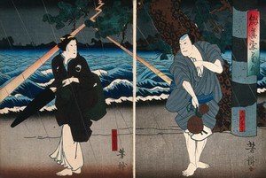 view A pair of actors by a lake in a storm. Colour woodcut by Yoshitaki, early 1860s.