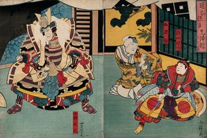 view An actor as a hero in armour, with an old woman and a boy. Colour woodcut by Yoshitoyo, early 1860s.