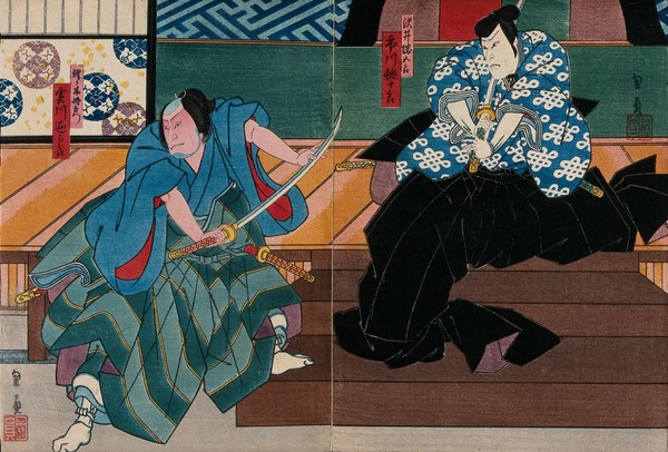 Actors in a confrontation on a verandah. Colour woodcut by Kunikazu, early 1860s.