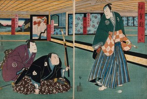 view Actors in a confrontation in a large chamber. Colour woodcut by Kunikazu, early 1860s.