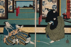 view Actors in a confrontation in a large chamber. Colour woodcut by Kunikazu, early 1860s.