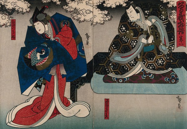 The actors, the Soga brothers, in a confrontation under cherry blossoms. Colour woodcut by Hirosada, early 1860s.