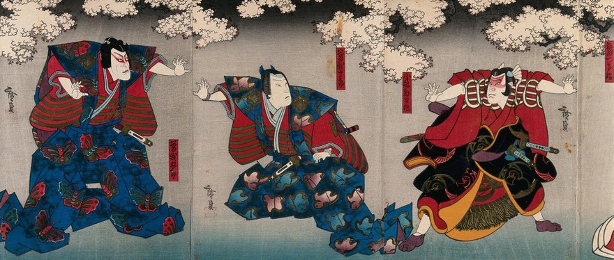 The actors, the Soga brothers, in a confrontation under cherry blossoms. Colour woodcut by Hirosada, early 1860s.