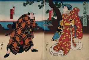 view Actors in a confrontation with a lake behind. Colour woodcut by Kunikazu, early 1860s.