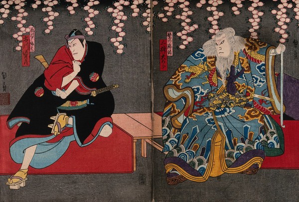 Actors in a confrontation under cherry blossom. Colour woodcut by Kunikazu, early 1860s.