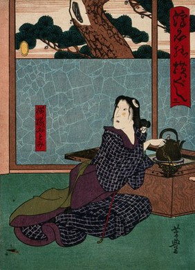 A woman tending a kettle. Colour woodcut by Yoshitoyo, early 1860s.