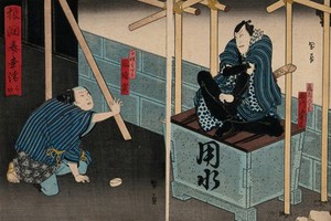 view Actors in a confrontation amid scaffolding. Colour woodcut by Kunikazu, early 1860s.