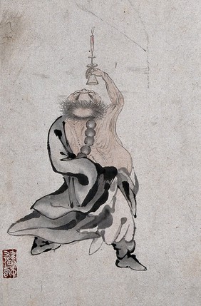 A Chinese man standing, seen from behind holding a candle above his head. Watercolour.