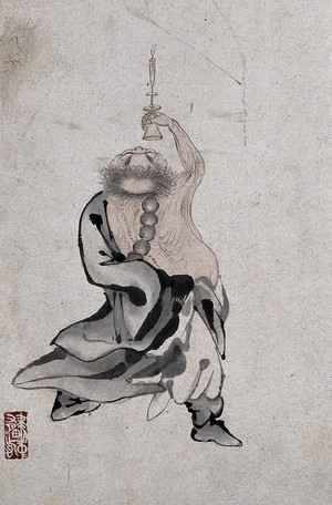 view A Chinese man standing, seen from behind holding a candle above his head. Watercolour.