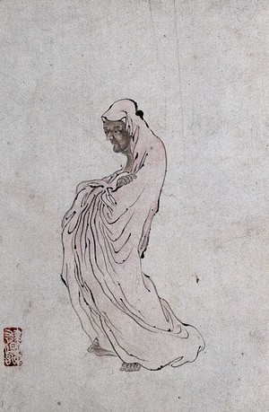 view A Chinese man standing wearing a pink robe, directed to left. Watercolour.