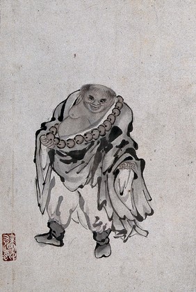 A Chinese man standing, wearing a string of big beads around his chest. Watercolour.