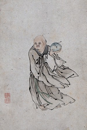 view A Chinese man holding a bowl containing a spoon. Watercolour.