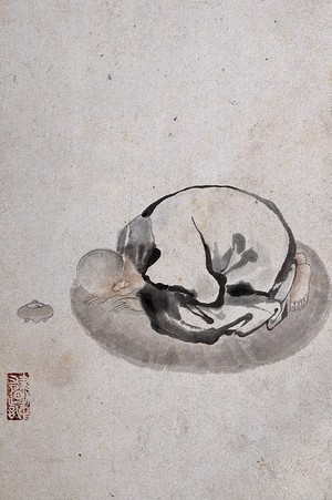 view A Chinese man bending down in prayer or obeisance. Watercolour.