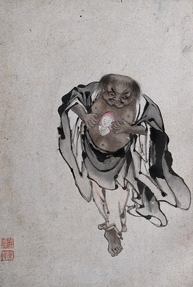 A Chinese man standing revealing a portrait of a man within his chest. Watercolour.