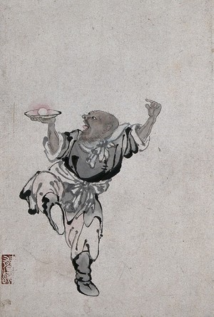 view A Chinese man standing on one leg holding an egg or cake in a bowl. Watercolour.