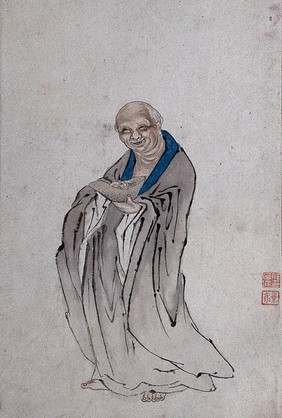 A Chinese man standing holding a long bowl with raised ends. Watercolour.