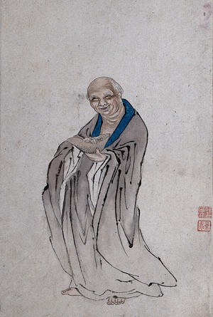 view A Chinese man standing holding a long bowl with raised ends. Watercolour.