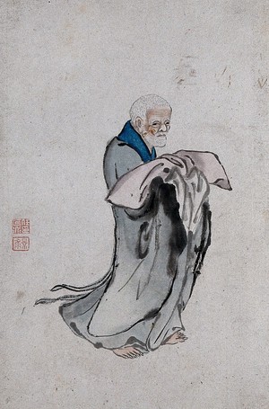 view A Chinese man in grey robes holding a pillow. Watercolour.