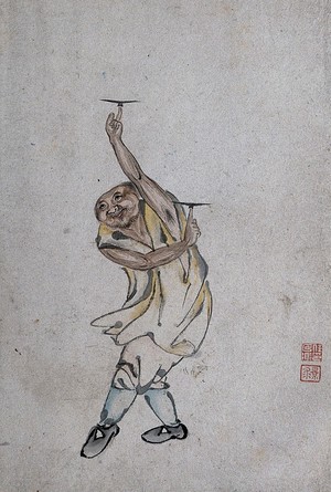 view A Chinese man spinning plates on his index fingers. Watercolour.