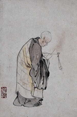 view A Chinese man lighting a pipe. Watercolour.