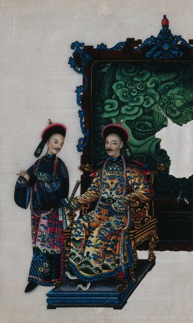 A high ranking Chinese official, seated on a double-headed dragon chair, with attendant, both dressed in richly patterned silks. Painting by a Chinese artist, ca. 1850.