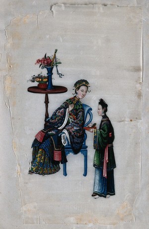 view A Chinese lady, attended by servant with tray. Painting by a Chinese artist, ca. 1850.