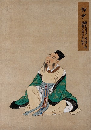 view A Chinese figure, seated, wearing emerald green coloured silk robes with a black. Painting by a Chinese artist, ca. 1850.