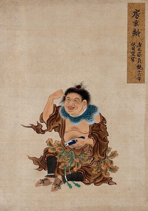 view A Chinese figure, seated, wearing brown ragged clothes and a belt of oak leaves. Painting by a Chinese artist, ca. 1850.