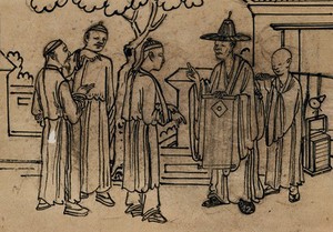 view A Chinese doctor gives medical advice to man with his arm in a sling. Drawing by a Chinese artist.