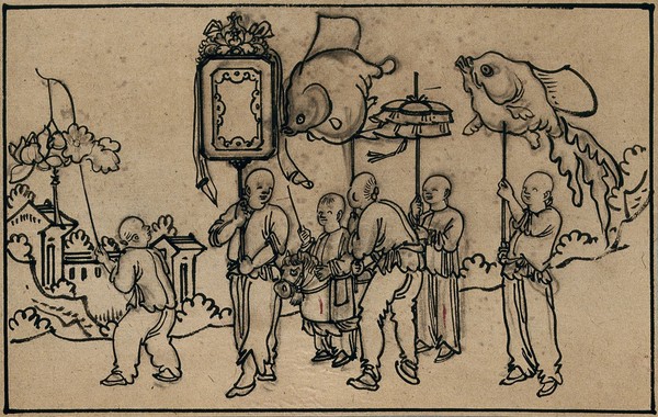 A Chinese procession. Drawing by a Chinese artist.