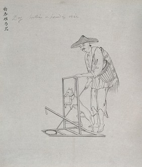 A Chinese dog trainer. Drawing by a Chinese artist, ca. 1850.