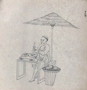 view A Chinese street-trader cutting up a fruit or vegetable into segments. Ink drawing, 18--.